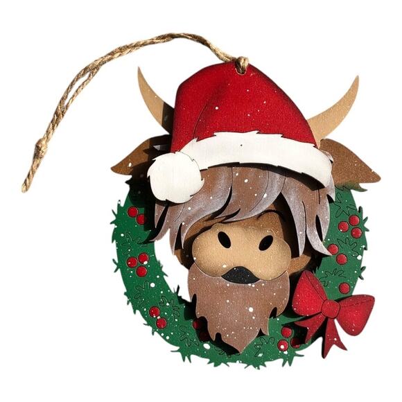 Handmade Whimsical Highlander Cow Wreath Santa Hat Hand Painted Wood Ornament - Picture 2 of 10